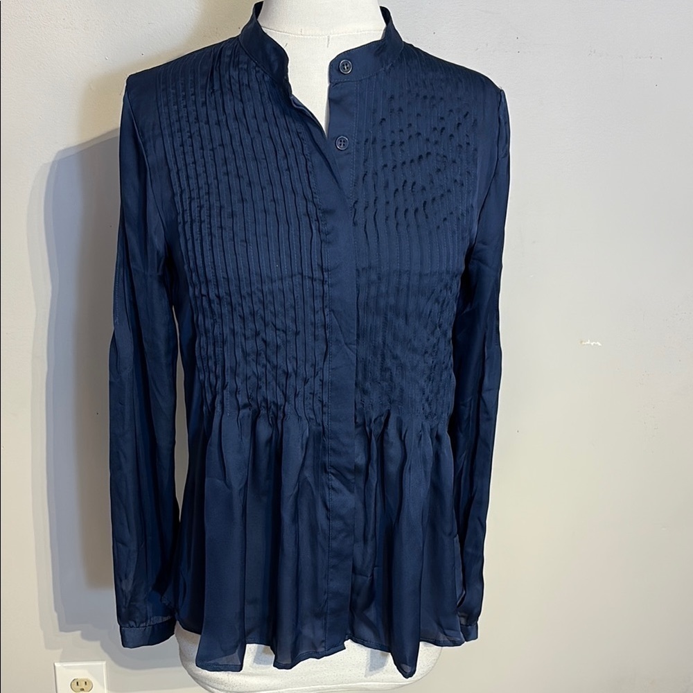 Navy Blue Pleated Long Sleeve Blouse with Mandarin Collar size 4P